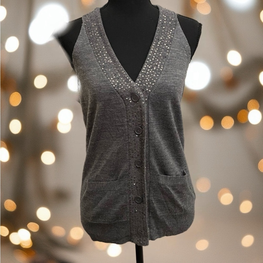 J. Crew - Wallace Gray Merino Wool Sequin Neckline Sweater Vest Size S